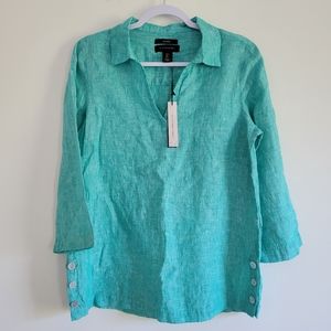 Tahari 100% Linen 3/4 Sleeve Light Green Side Button Popover Blouse Tunic S